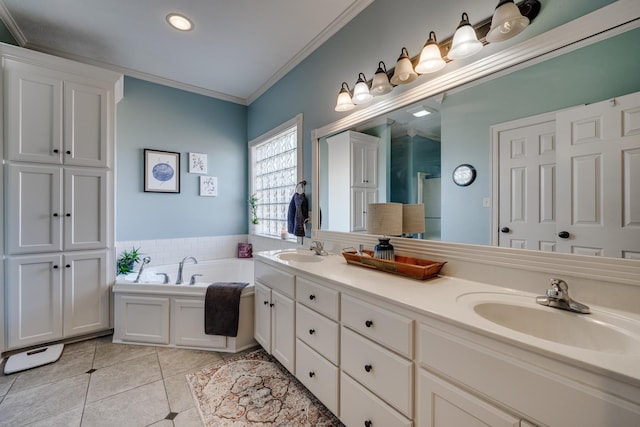 bathroom featuring vanity, a bath, crown molding, and tile patterned floors