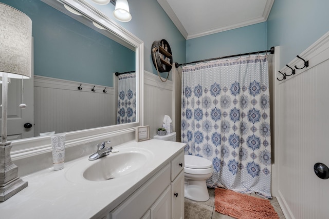 full bathroom with shower / bath combination with curtain, tile patterned flooring, ornamental molding, vanity, and toilet