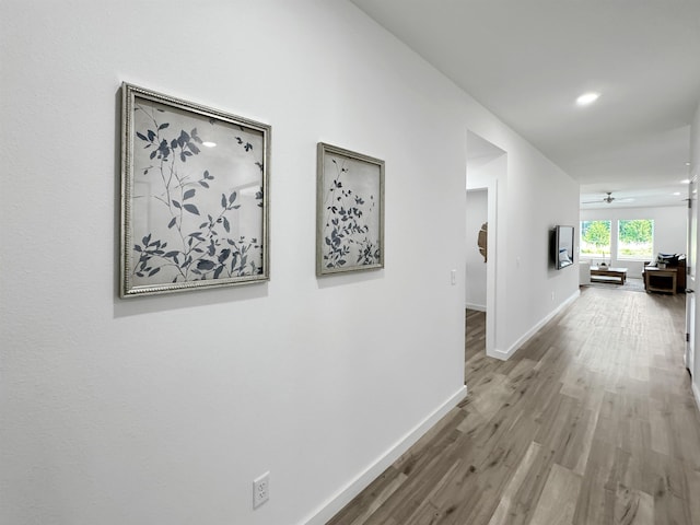 hall with baseboards and wood finished floors