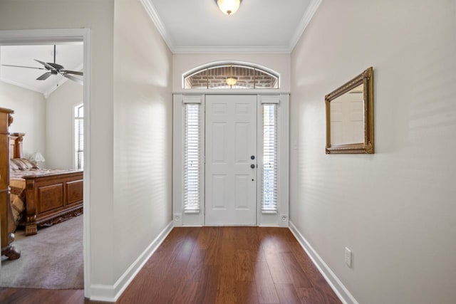 foyer entrance featuring crown molding, plenty of natural light, and dark wood-type flooring