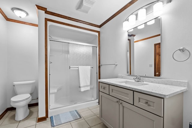 bathroom featuring ornamental molding, tile patterned flooring, a shower with door, and vanity