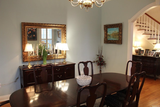 dining room with wood-type flooring and a chandelier