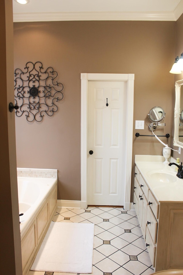 bathroom with crown molding, tile patterned floors, a tub to relax in, and vanity