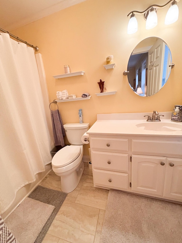 bathroom with vanity, a shower with curtain, and toilet