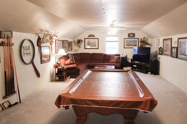 playroom featuring lofted ceiling, pool table, ceiling fan, and carpet