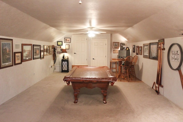 rec room with ceiling fan, light colored carpet, lofted ceiling, and pool table