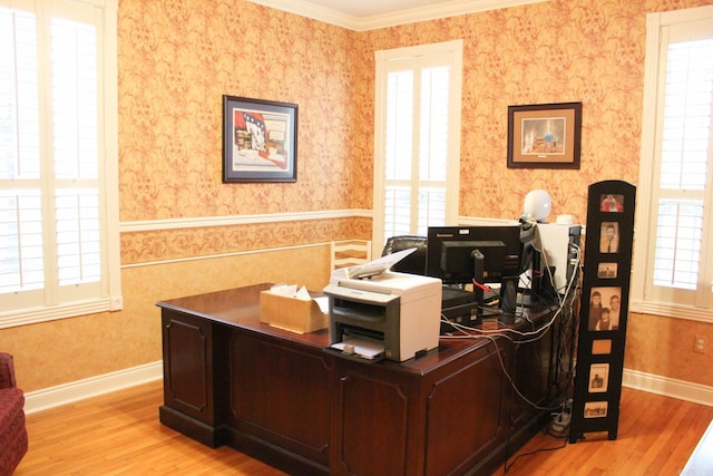 home office featuring crown molding and light hardwood / wood-style flooring