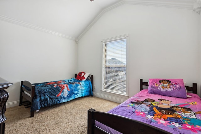 bedroom with ornamental molding, vaulted ceiling, and light colored carpet