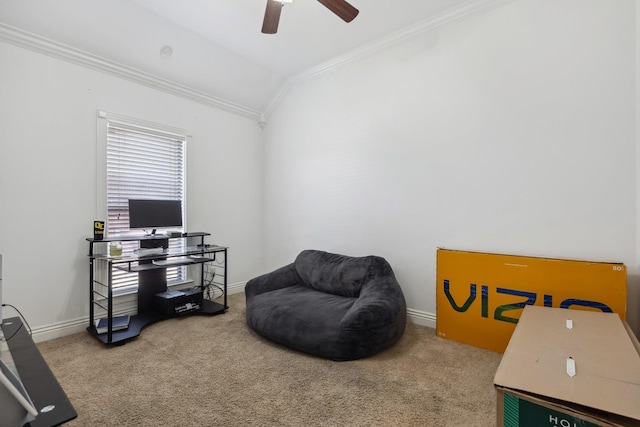 carpeted home office featuring crown molding, lofted ceiling, and ceiling fan