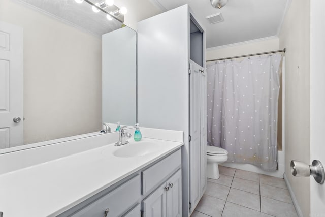 bathroom featuring visible vents, toilet, crown molding, tile patterned flooring, and vanity