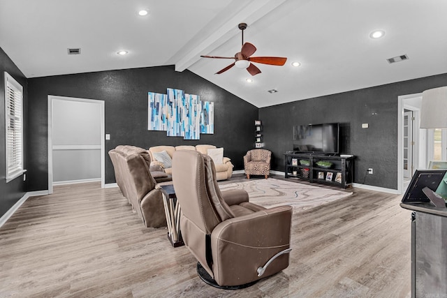 living area featuring lofted ceiling with beams, baseboards, visible vents, and light wood finished floors