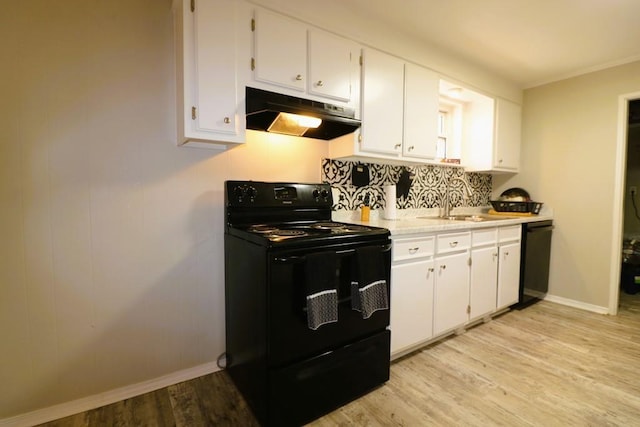 kitchen featuring white cabinetry, light hardwood / wood-style flooring, and black appliances