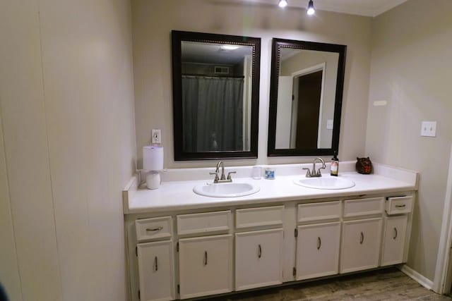 bathroom featuring vanity and wood-type flooring