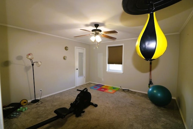 exercise area with ornamental molding and carpet