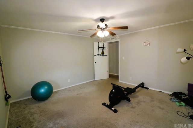 exercise area with crown molding, ceiling fan, and carpet flooring