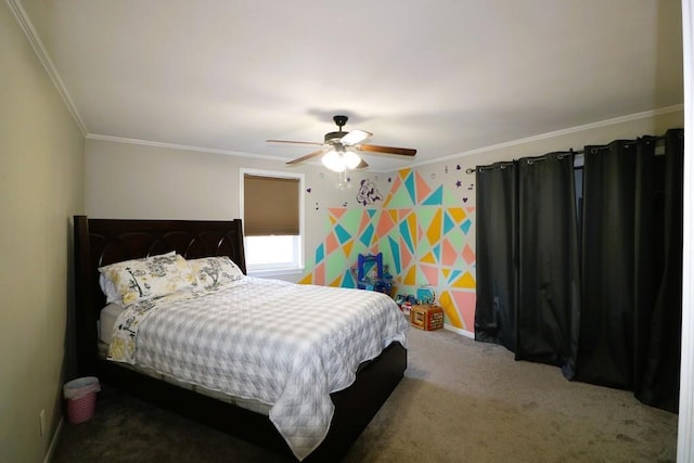 bedroom featuring ornamental molding, ceiling fan, and carpet flooring