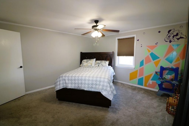 bedroom featuring ornamental molding, ceiling fan, and carpet