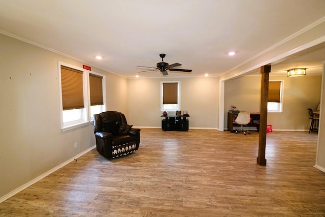 living area featuring crown molding, ceiling fan, and light hardwood / wood-style flooring