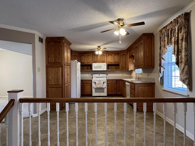 kitchen featuring ceiling fan, sink, a textured ceiling, and white appliances