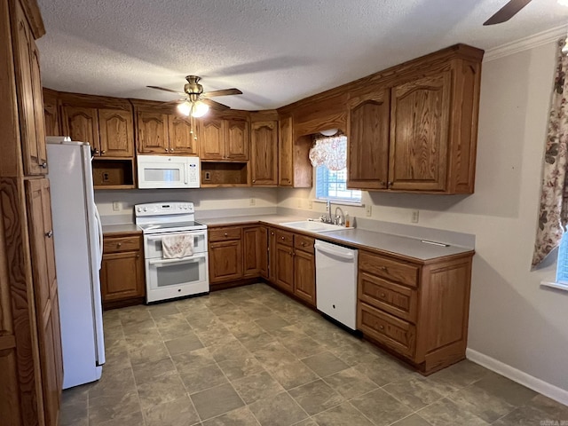 kitchen with ceiling fan, sink, a textured ceiling, and white appliances