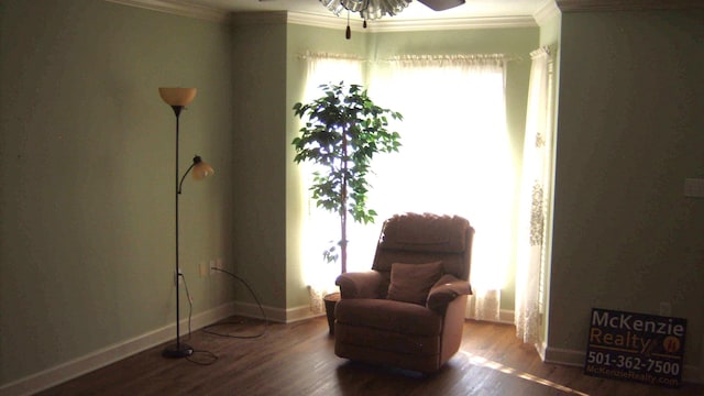 living area featuring hardwood / wood-style floors and crown molding