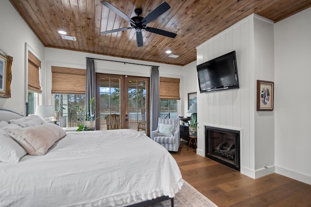 bedroom featuring wood ceiling, access to outside, ornamental molding, and dark hardwood / wood-style floors