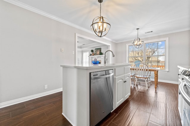 kitchen with dishwasher, white cabinetry, a notable chandelier, dark hardwood / wood-style flooring, and decorative light fixtures