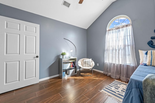 bedroom with lofted ceiling and ceiling fan