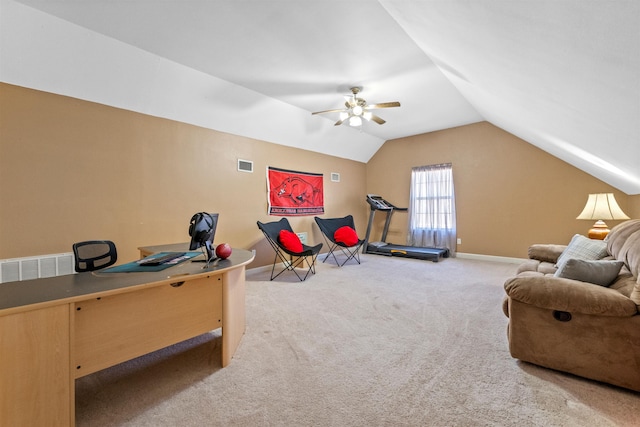 interior space featuring lofted ceiling and light carpet