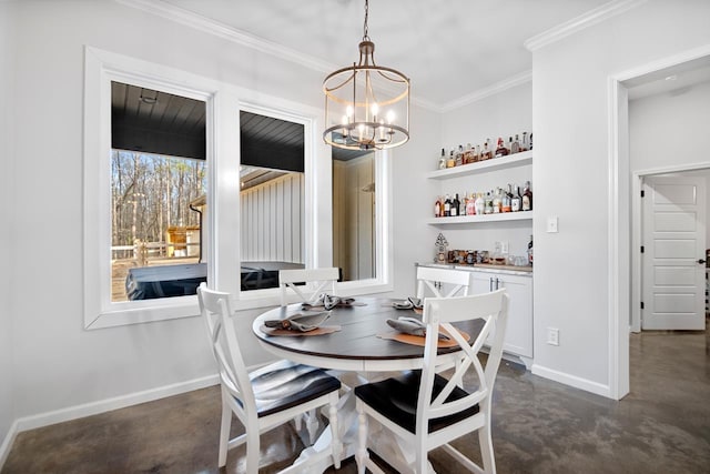 dining room featuring ornamental molding, indoor bar, and a chandelier