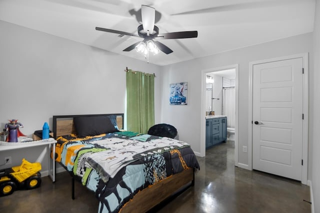 bedroom with connected bathroom and ceiling fan