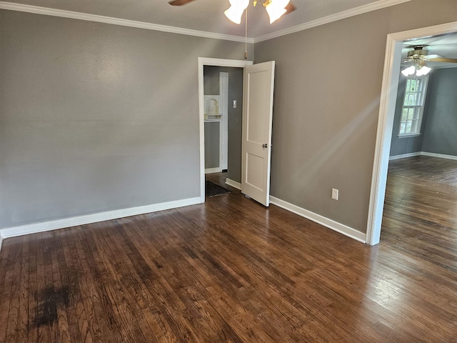 unfurnished room with ceiling fan, ornamental molding, and dark hardwood / wood-style floors