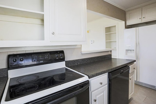 kitchen with backsplash, crown molding, black appliances, and white cabinets