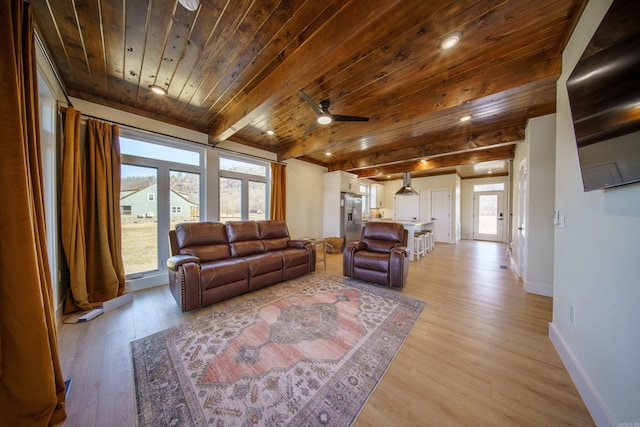 living room with wood ceiling, ceiling fan, beam ceiling, and light wood-type flooring