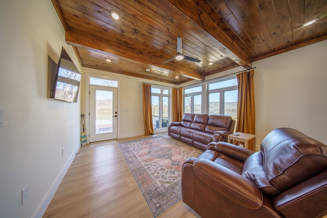 living room with beamed ceiling, ceiling fan, light hardwood / wood-style floors, and wooden ceiling