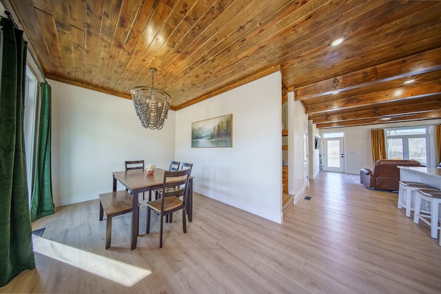 dining room featuring an inviting chandelier, ornamental molding, light wood-type flooring, and wooden ceiling