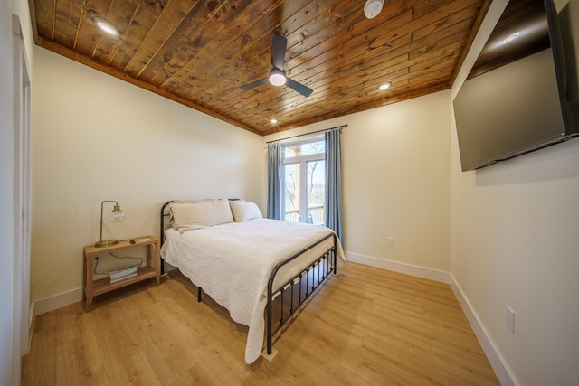 bedroom featuring ornamental molding, wooden ceiling, and light hardwood / wood-style floors