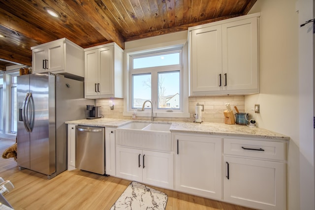 kitchen featuring tasteful backsplash, appliances with stainless steel finishes, white cabinets, and wood ceiling