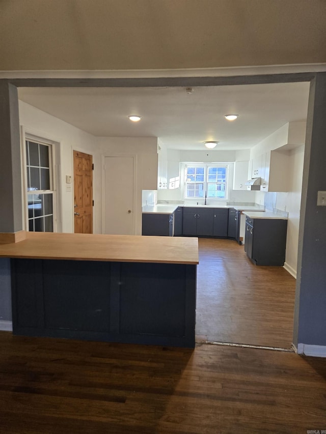 kitchen with sink, stove, white cabinetry, dark hardwood / wood-style floors, and kitchen peninsula