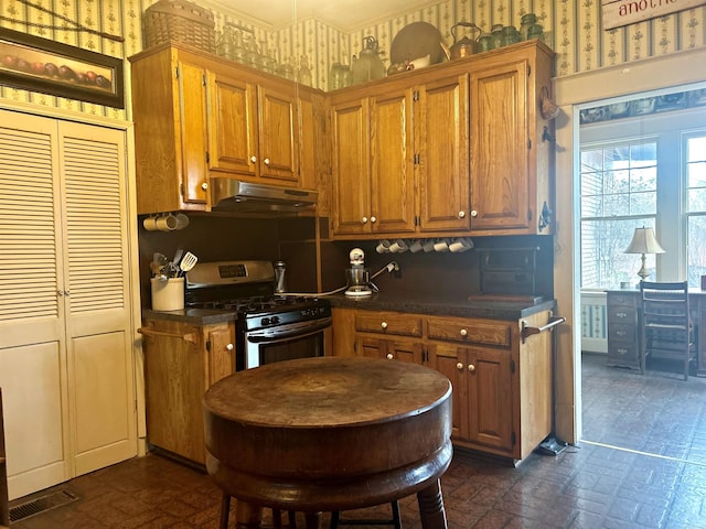 kitchen featuring decorative backsplash and stainless steel gas range oven