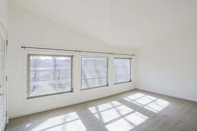 spare room with light colored carpet and high vaulted ceiling