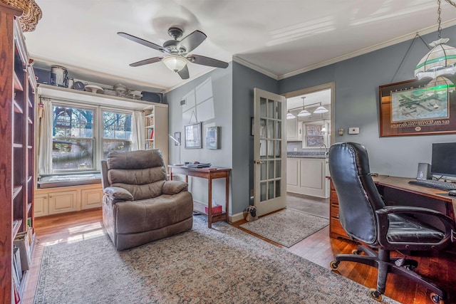 office space featuring crown molding, ceiling fan, and light wood-type flooring