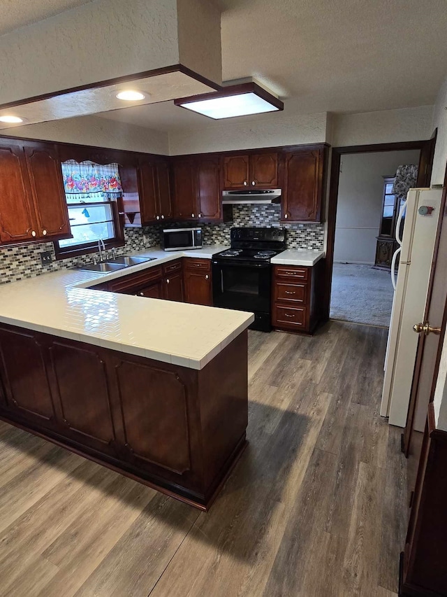 kitchen with black electric range oven, sink, kitchen peninsula, and white refrigerator