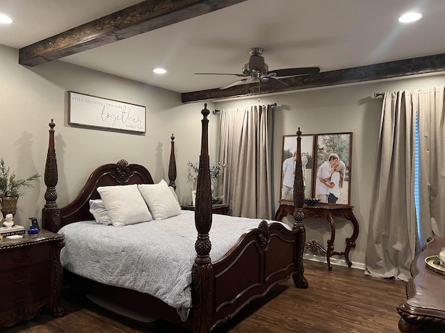 bedroom featuring ceiling fan, beam ceiling, and dark hardwood / wood-style flooring