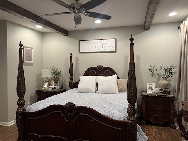 bedroom featuring beamed ceiling, ceiling fan, and dark hardwood / wood-style flooring