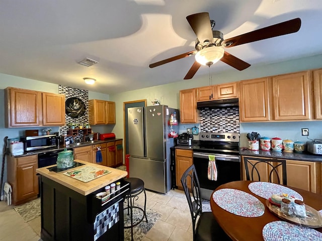 kitchen with a kitchen island, appliances with stainless steel finishes, butcher block counters, backsplash, and ceiling fan