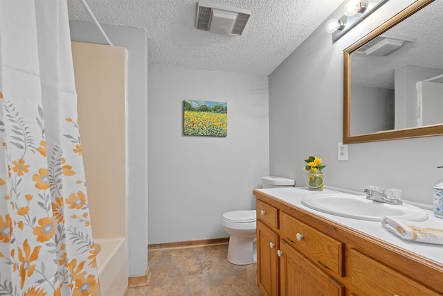 full bathroom with vanity, shower / bath combo with shower curtain, a textured ceiling, and toilet