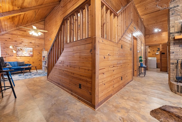 hallway with washer / clothes dryer, wood ceiling, and wood walls