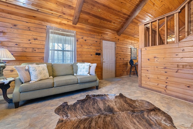 living room featuring wooden walls, beam ceiling, and wooden ceiling