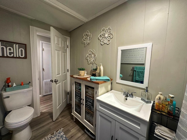 bathroom featuring vanity, hardwood / wood-style flooring, and toilet